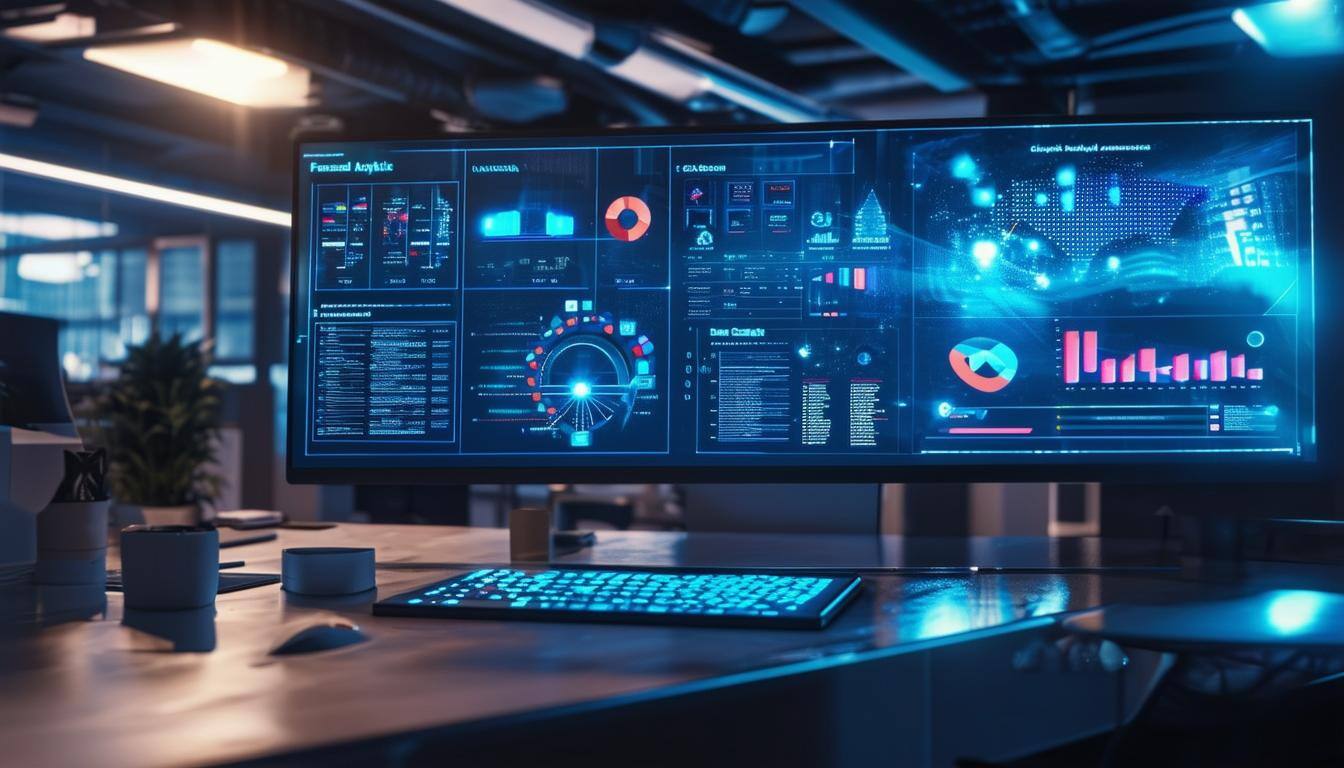 A futuristic AIpowered business dashboard displaying automated lead generation, CRM integration, and data analytics, glowing in a hightech office envi