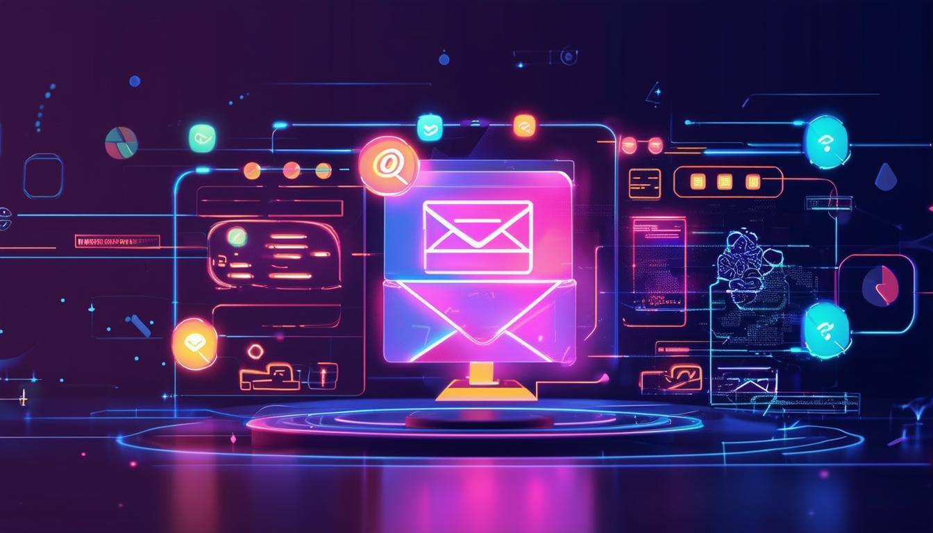 Futuristic AIpowered email automation concept, depicting a digital interface with automated email flows, AIgenerated insights, and high engagement rat